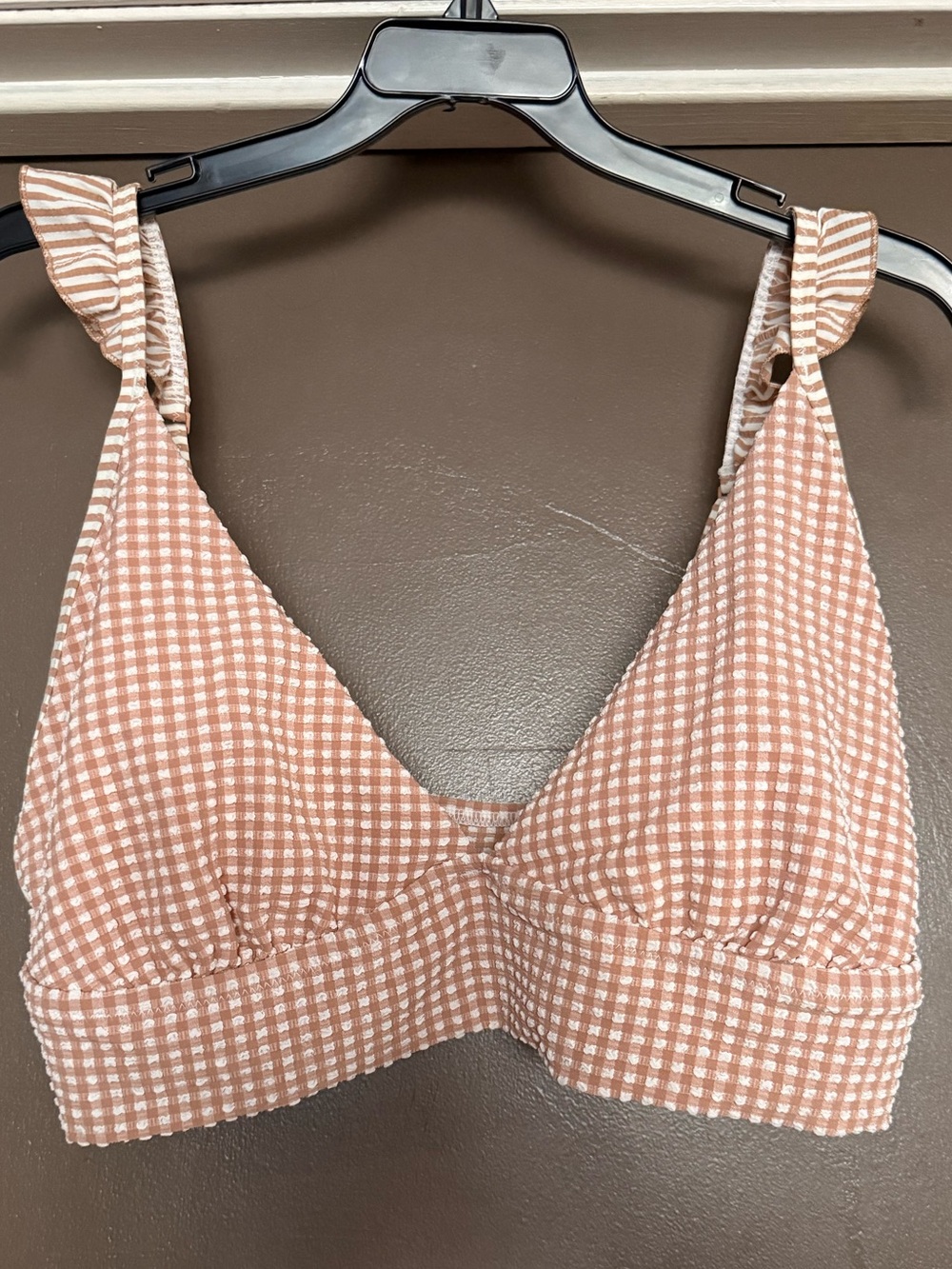 aerie Tan Gingham Ruffle Strap Bikini Top - Tan & White